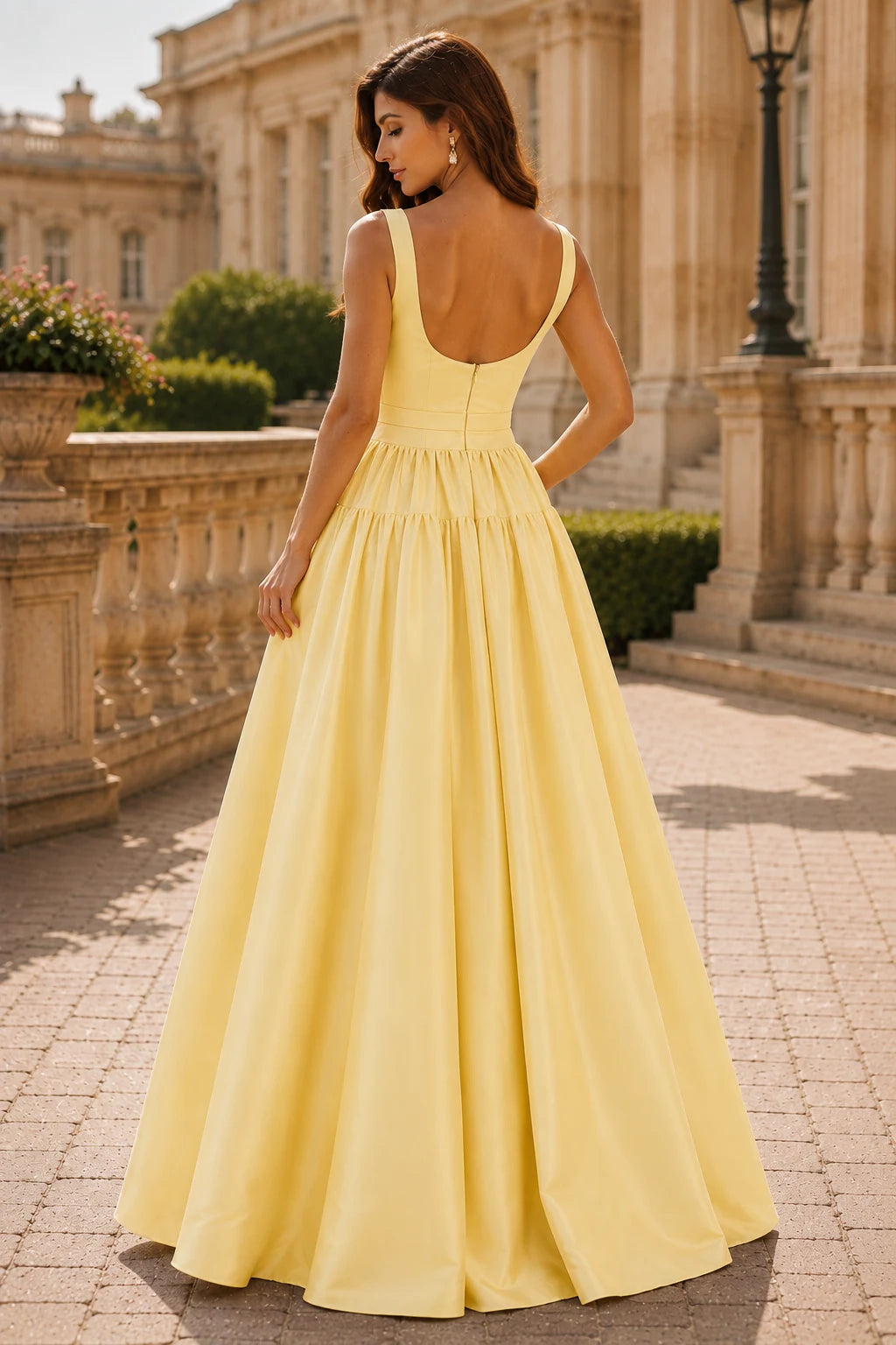 Isaselle Spaghetti-Strap Corset A-Line Gown Prom Dress in Yellow prom gown, back view