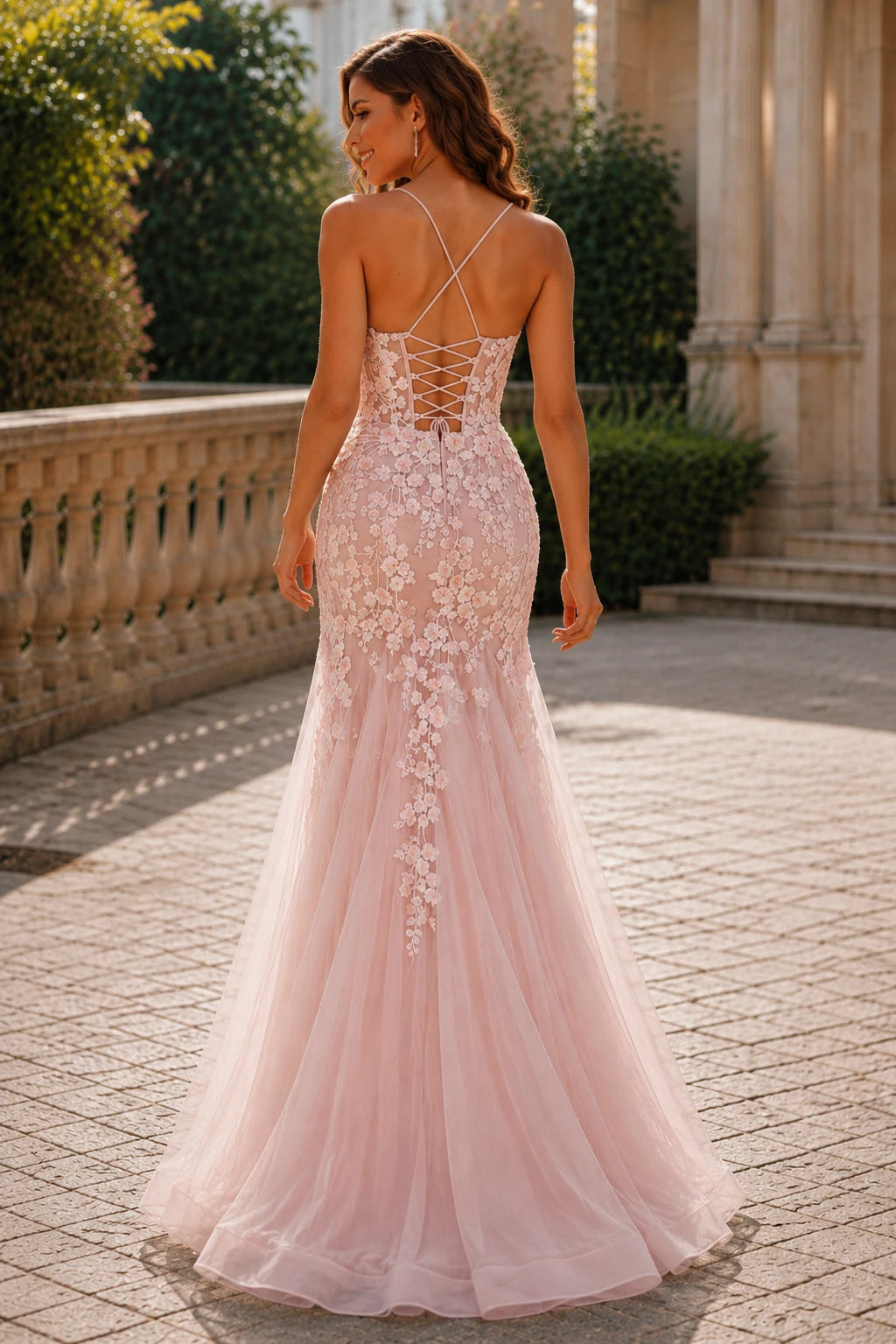 Isathia Seafoam Embellished Mermaid Gown Prom Dress in Light Pink prom gown, back view