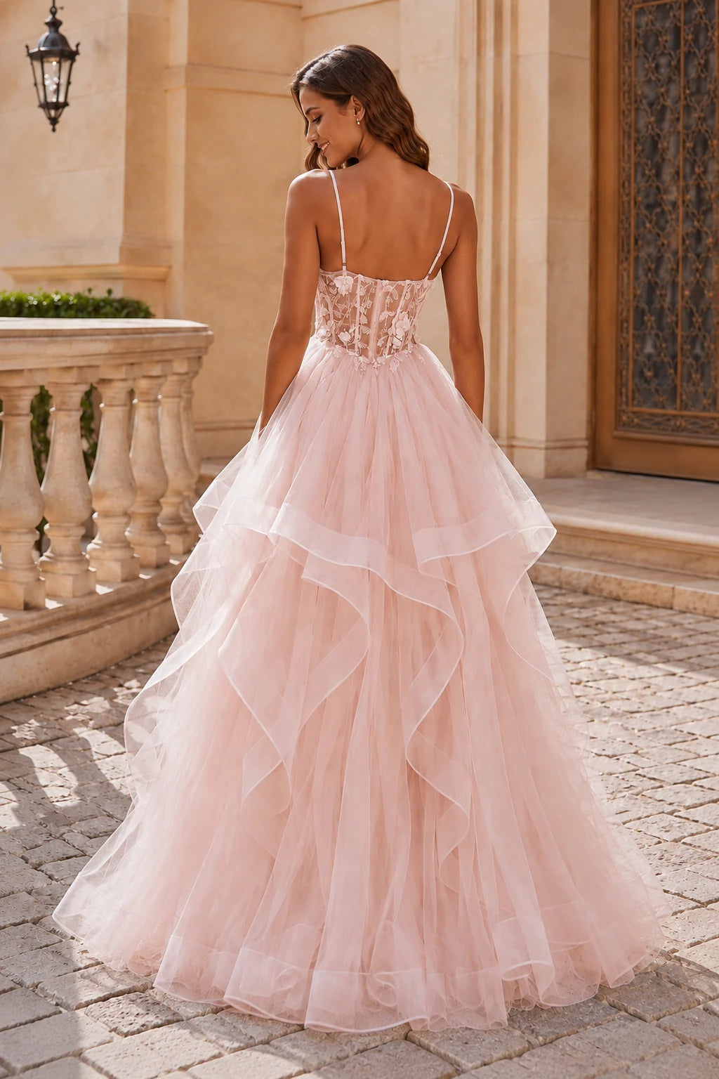 Isavella Light Embellished-Bodice Tiered Tulle Ball Gown Prom Dress in Light Pink prom gown, back view