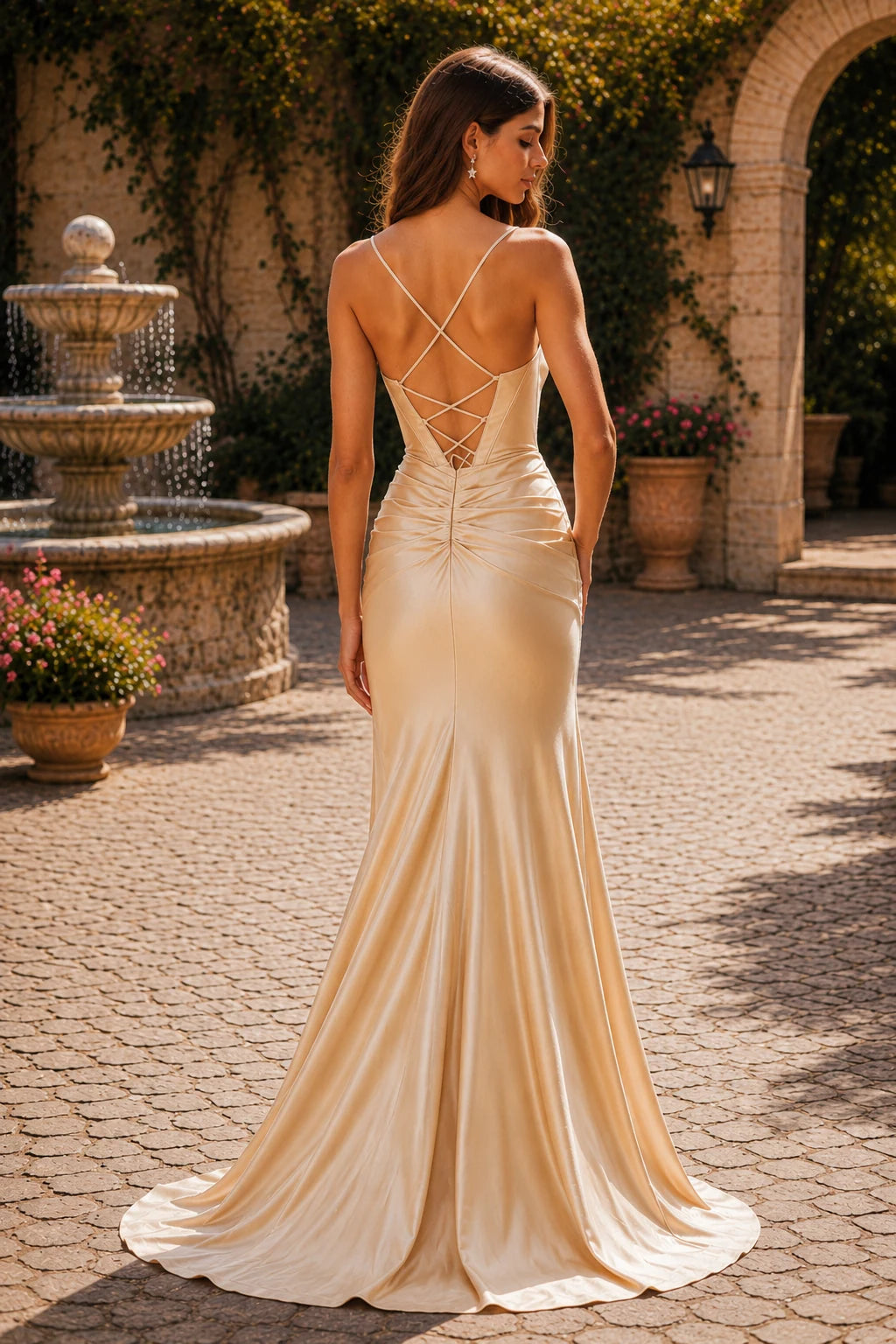 Hellisse Structured-Bodice Gown with Slit Prom Dress in Champagne prom gown, back view