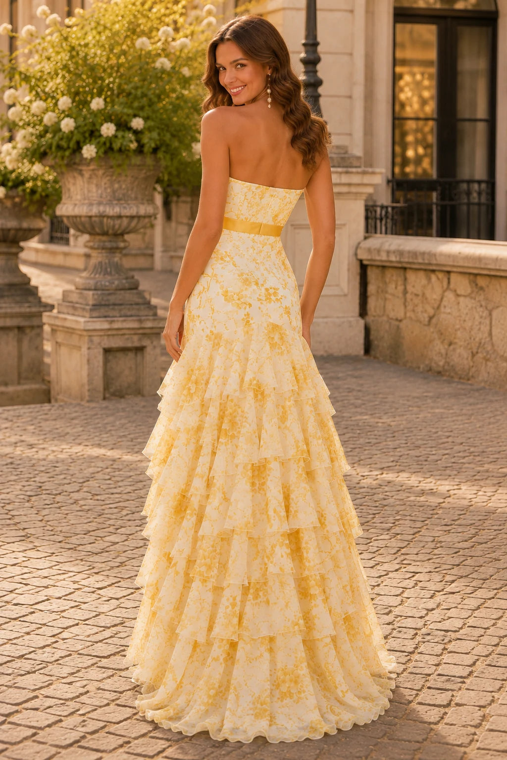 Alalina Floral Strapless Ruffle-Skirt A-Line Prom Dress in Coral Floral prom gown, back view