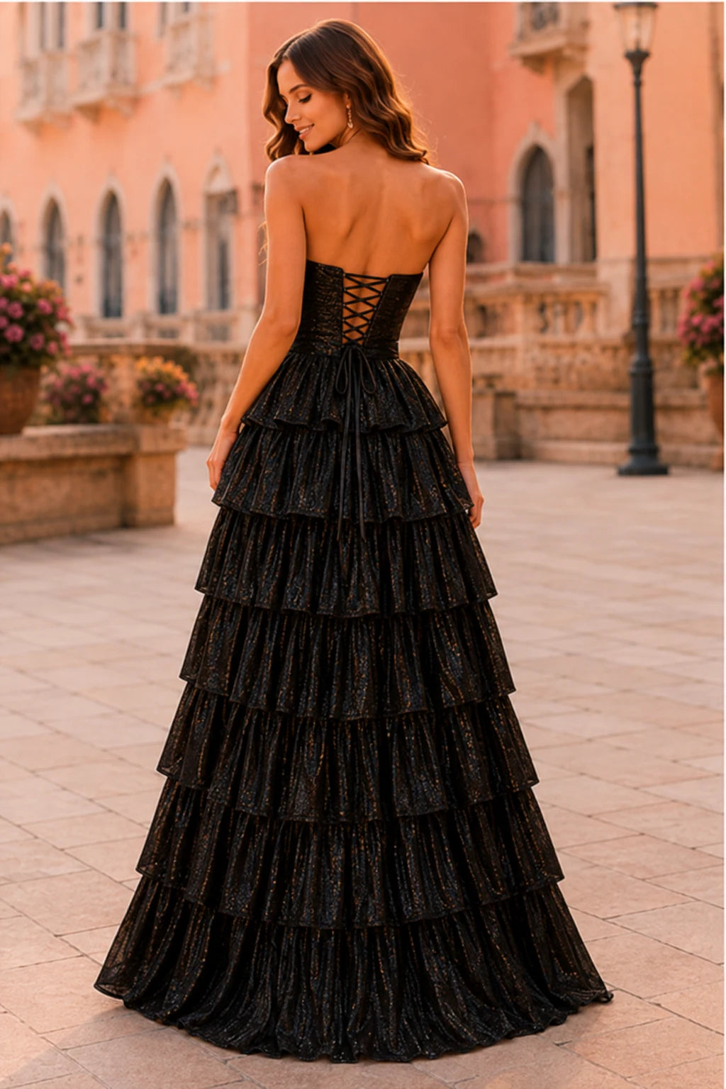 Aladora Cutout Tiered A-Line Prom Dress in Black prom gown, back view