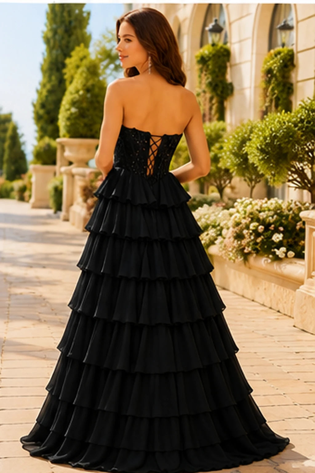 Galisse Strapless Tiered Ruffle Ball Gown Prom Dress in Black prom gown, back view
