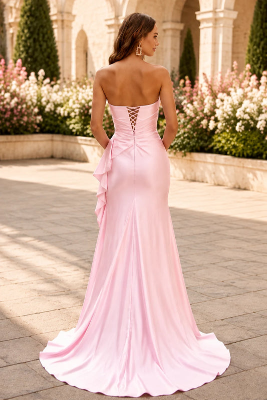 S8887P Strapless Ruched Ruffle Satin Prom Dress with Slit in Light Pink, back view