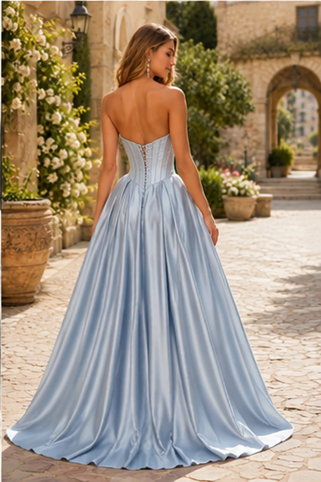 Kazaria Strapless Sweetheart Satin Ball Gown Prom Dress with Slit in Glacier Blue prom gown, back view
