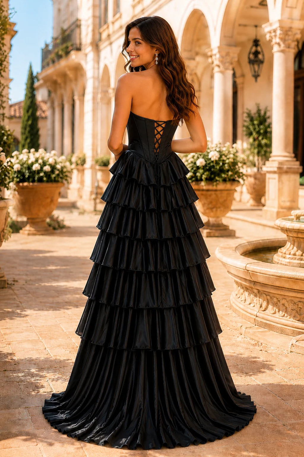 Clarisse Strapless Tiered Ruffle Prom Dress with Slit in Black, back view