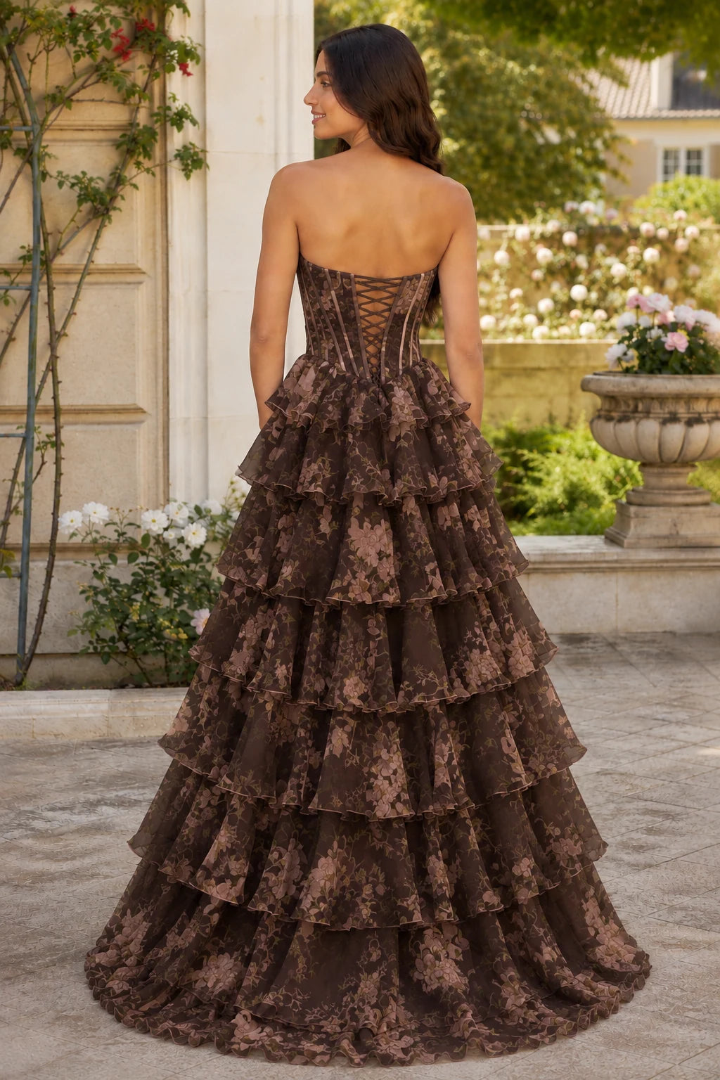 Maelle Strapless Tiered Ruffle Ball Gown Prom Dress in Chocolate Brown Floral, back view