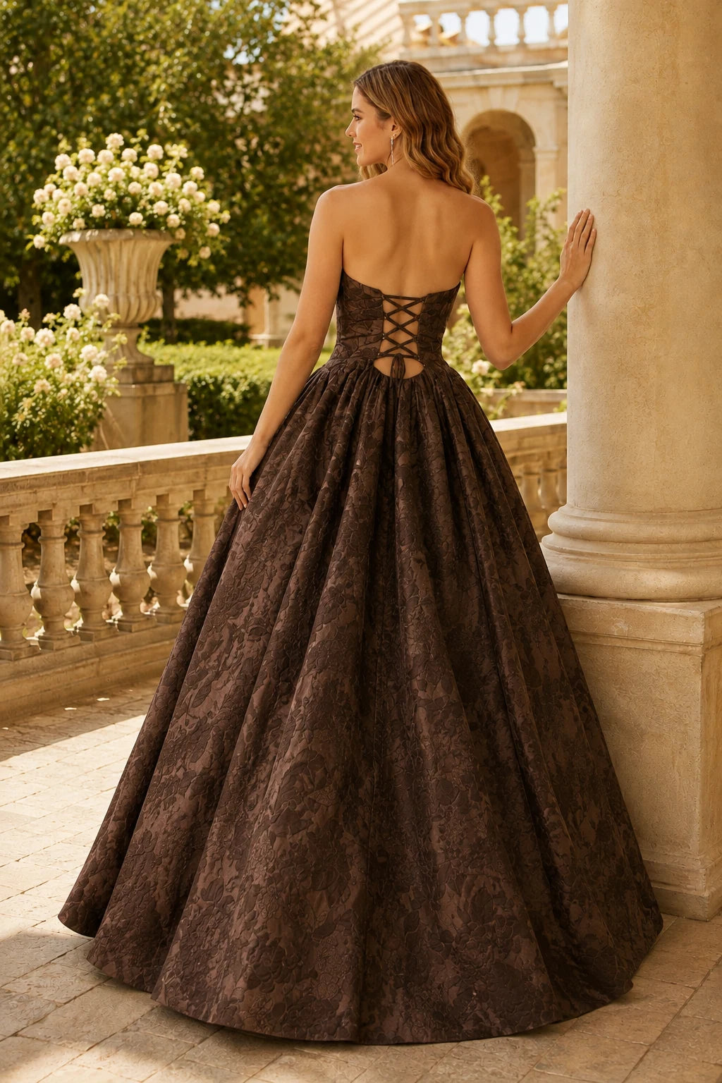 Verona Strapless Floral Ball Gown Prom Dress in Chocolate Brown Floral, back view