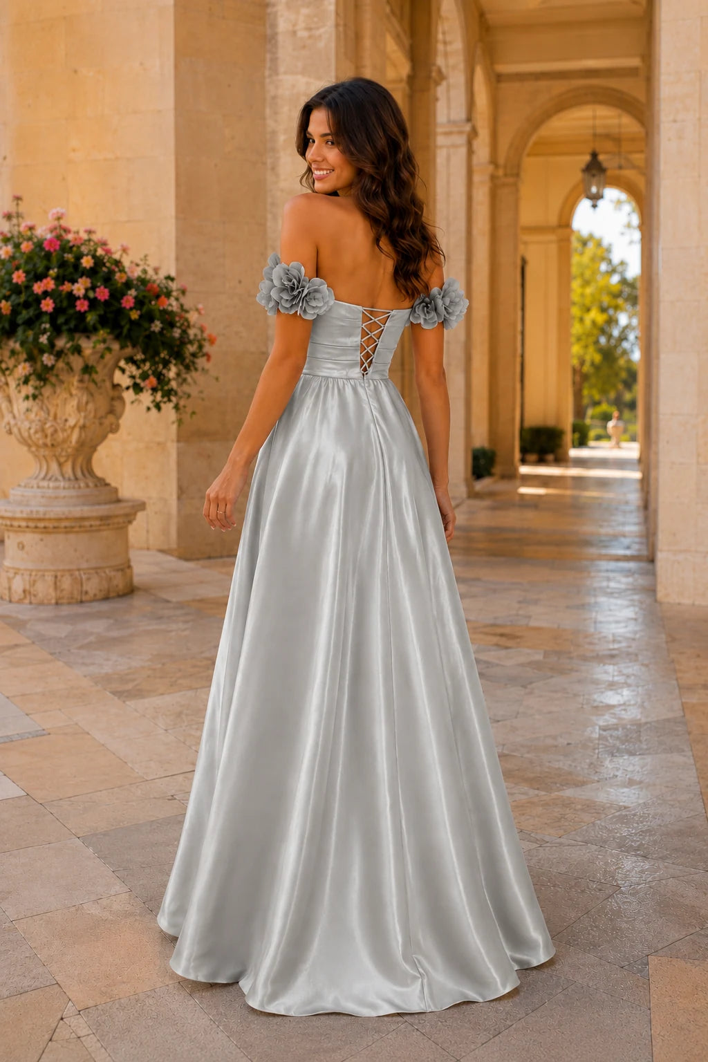 Annalise Off-the-Shoulder Floral A-Line Prom Dress in Metallic Silver, back view