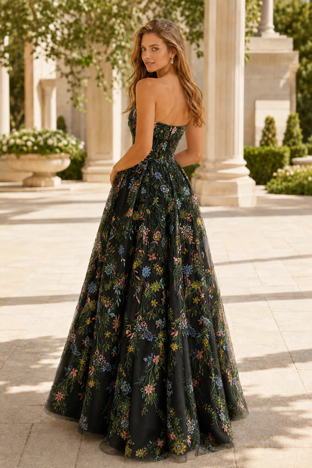 Adeline Strapless Floral Ball Gown Prom Dress - Black Floral back view | PromSpark