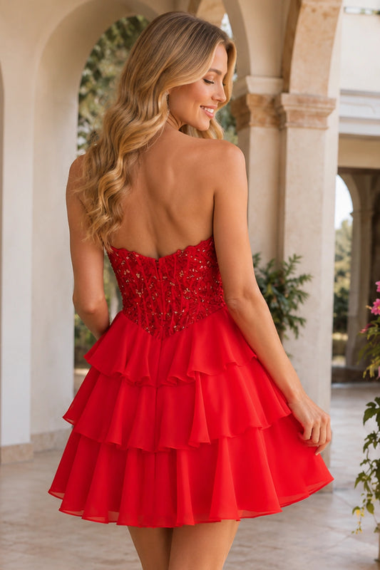 Emery Red Beaded Corset Tiered Ruffle Mini Homecoming Dress in Red - back view