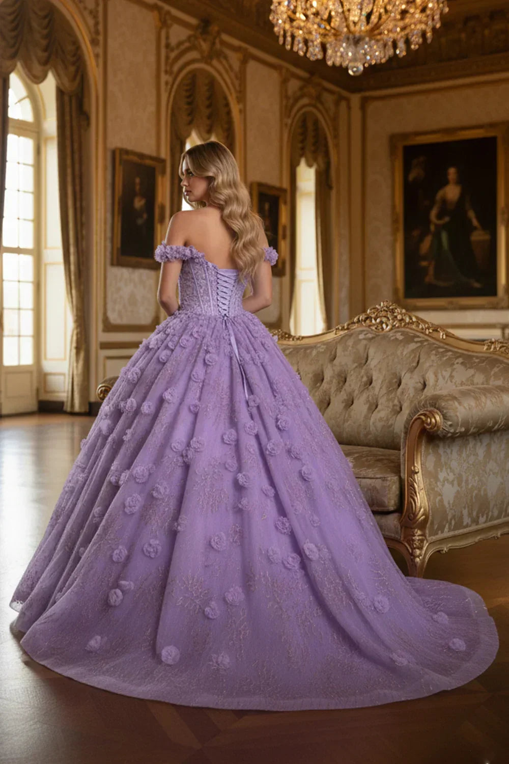 Oriana 3D Floral Ball Gown Off-the-shoulder Quinceañera Dress With Gold Accents in Purple - product view