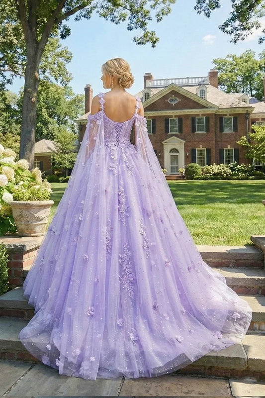 Rosalinda Charming Ball Gown Cold Shoulder Quinceañera Dress With 3D Floral and Sheer Cape in Purple - product view
