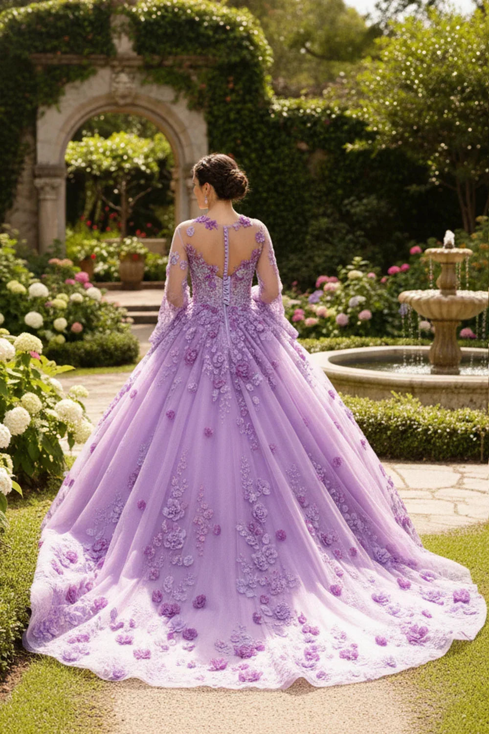 Antonella Charming Ball Gown Illusion Neck Quinceañera Dress With 3D Floral & Lace in Purple - product view