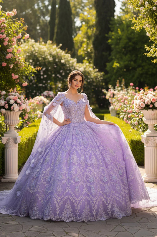Serafina Elegant Ball Gown Off-the-shoulder Quinceañera Dress With Lace and 3D Floral in Purple - product view