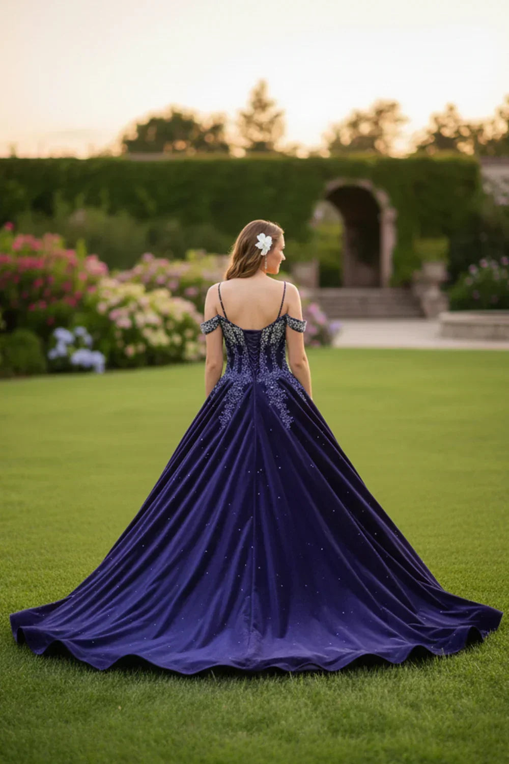 Luna Elegant Lace Ball Gown Cold Shoulder Quinceañera Dress With Sparkle in Purple - product view