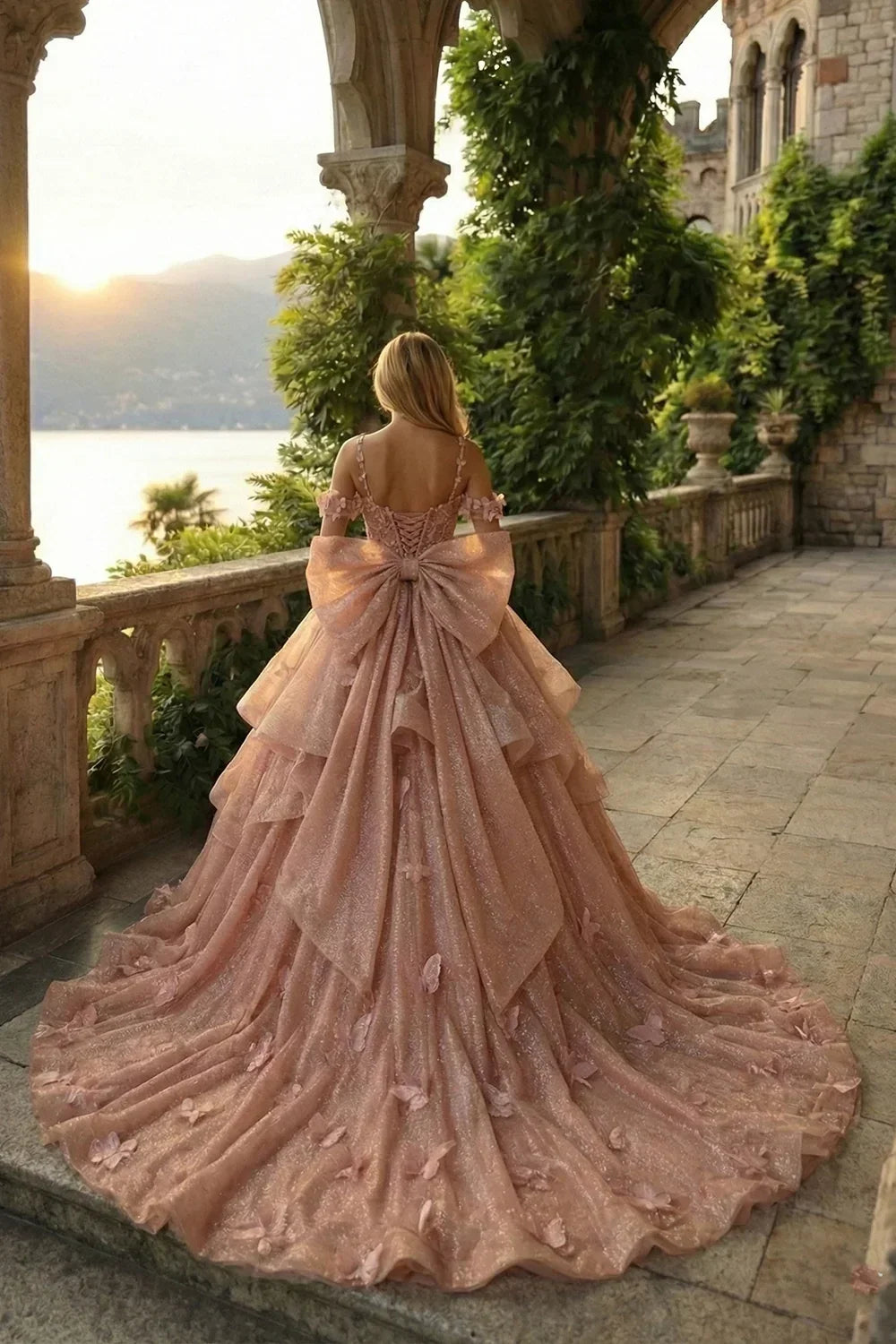 Camila Exquisite Ball Gown V Neck Ruffled Tulle Long Quinceañera Dress With Beading And Appliques in Pink - product view