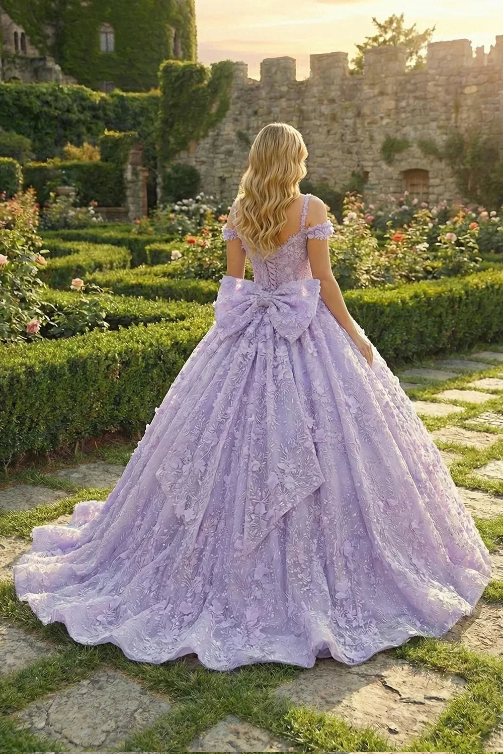 Isabella Exquisite Ball Gown V Neck Tulle Long Quinceañera Dress With Appliques And Bow in Purple - back view