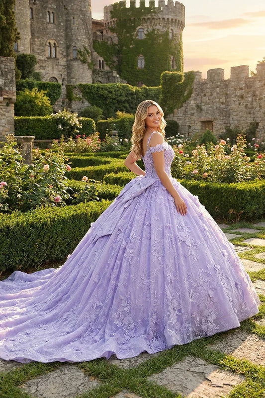 Isabella Exquisite Ball Gown V Neck Tulle Long Quinceañera Dress With Appliques And Bow in Purple - product view