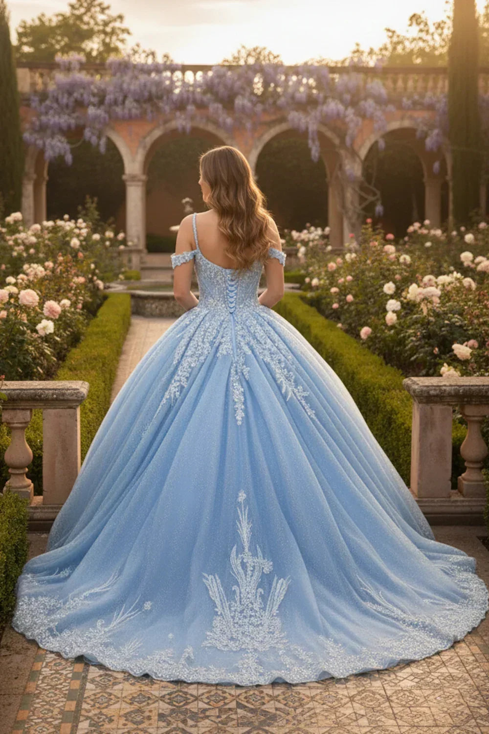 Adriana Intricate Lace Ball Gown Off-the-shoulder Quinceañera Dress With Embroidery in Blue - product view