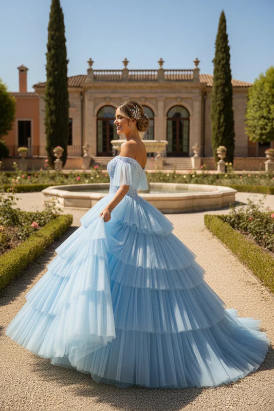 Aurora Layered Ruffle Ball Gown Off-the-shoulder Quinceañera Dress With Glitter in Blue - product view