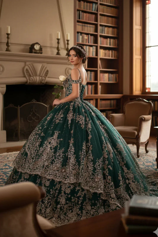 Esperanza Luxurious Ball Gown Cold Shoulder Quinceañera Dress With Glitter Lace - product view