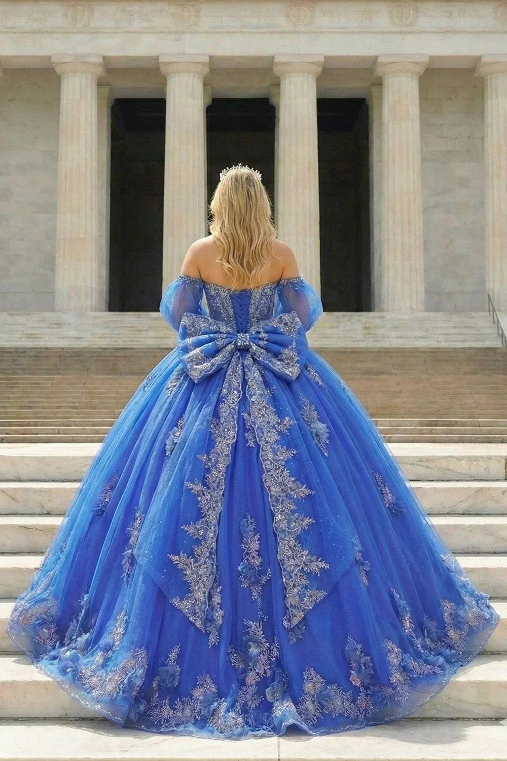 Gabriela Off-Shoulder with Silver Flower Embroidery Quinceañera Dress in Blue - product view