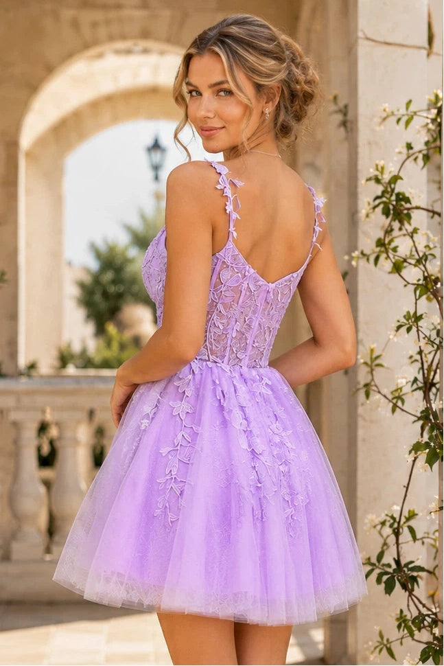 Lavender Spaghetti Strap Lace Corset A-Line Homecoming Dress in lavender - back view