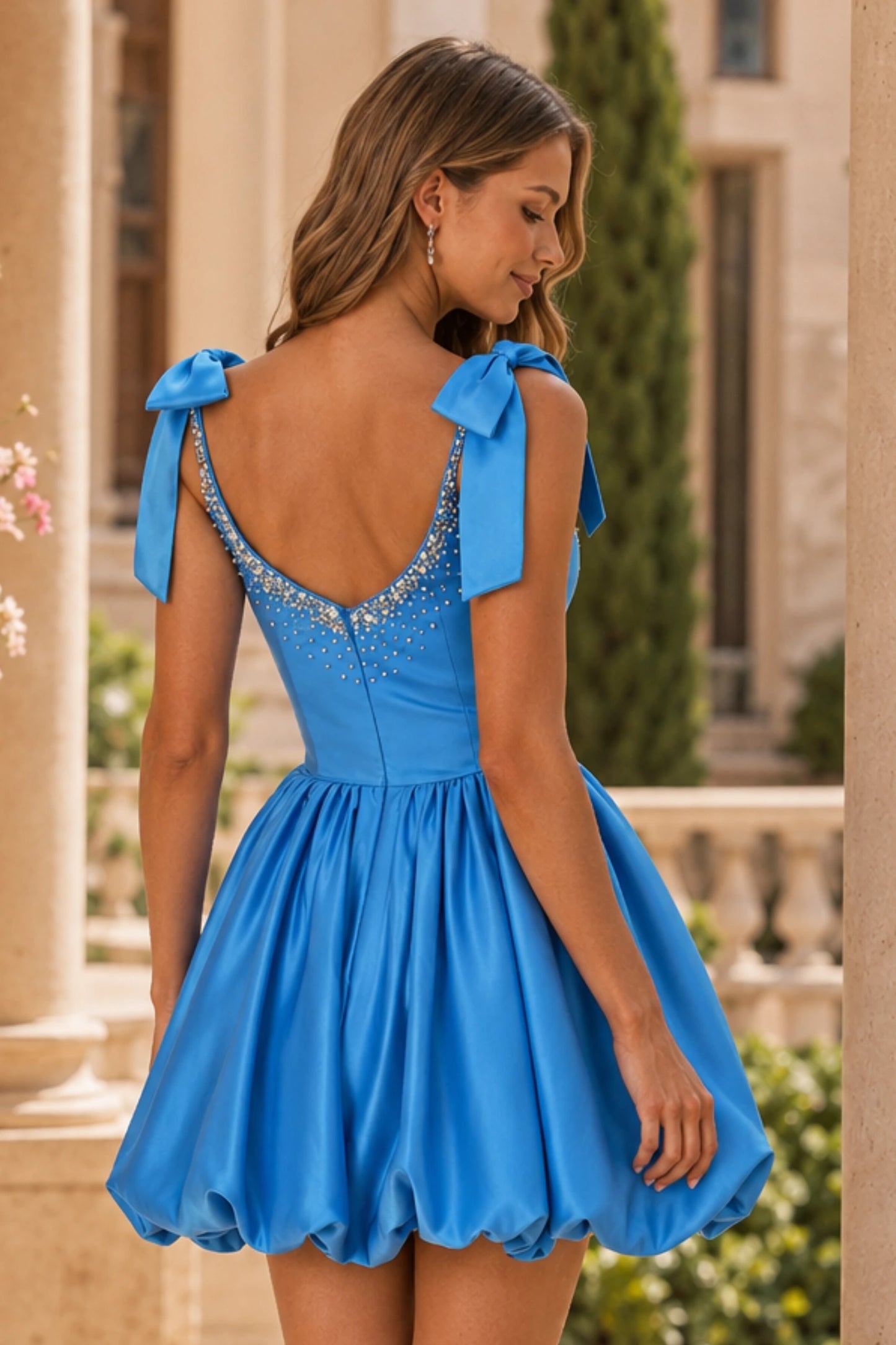 Sky Blue Bow-Strap A-Line Homecoming Dress in sky blue - back view