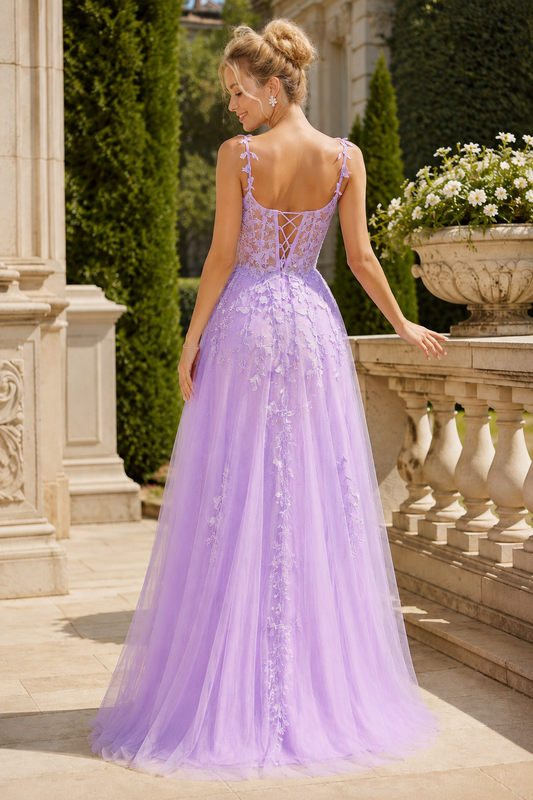 Estnette A Line V Neck Sleeveless Sweep Train Tulle Prom Dress - back view
