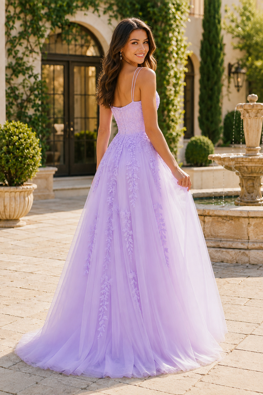 Elovina A Line Square Neckline Sleeveless Sweep Train Tulle Prom Dress- Style - back view