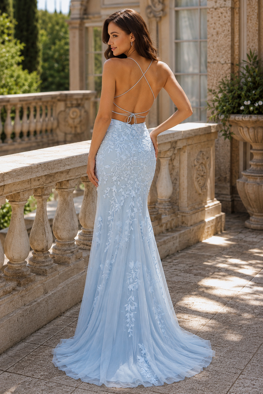 Estlora Mermaid Square Neckline Sweep Train Tulle Prom Dress - back view