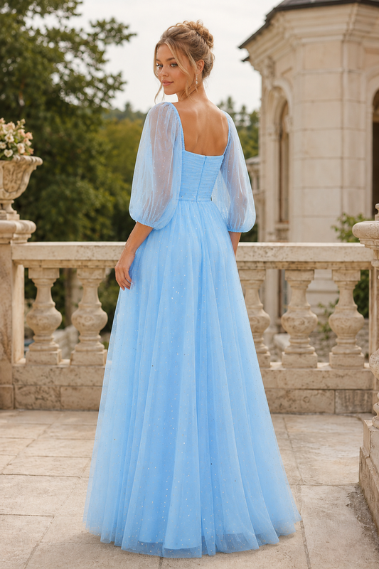 Kalsette A Line Square Neckline 3 4 Sleeve Floor Length Tulle Prom Dress - back view