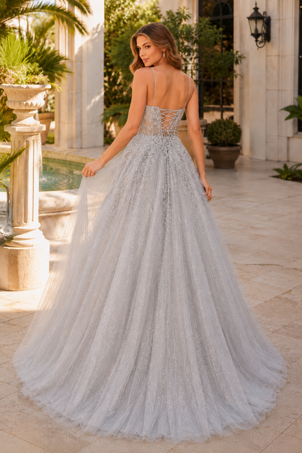 Arisette A Line V Neck Floor Length Tulle Prom Dress- Style in Silver - back view