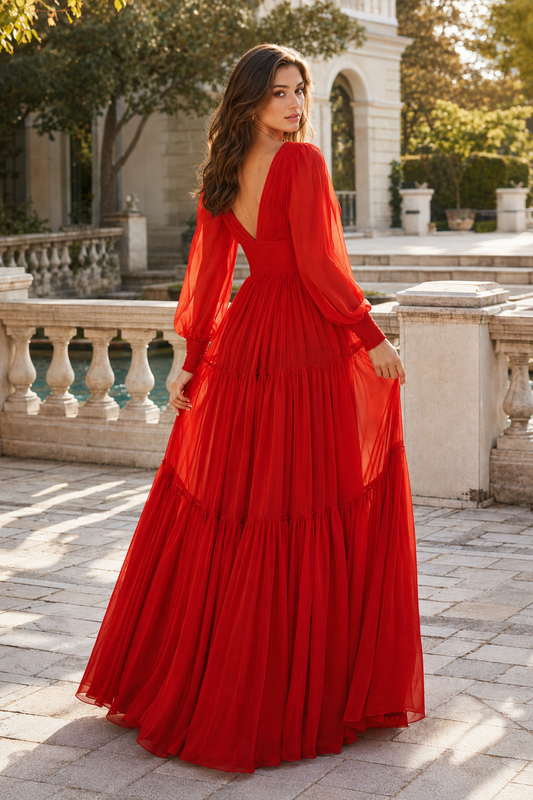 Celdora A Line V Neck Full Long Sleeve Floor Length Chiffon Prom Dress - back view