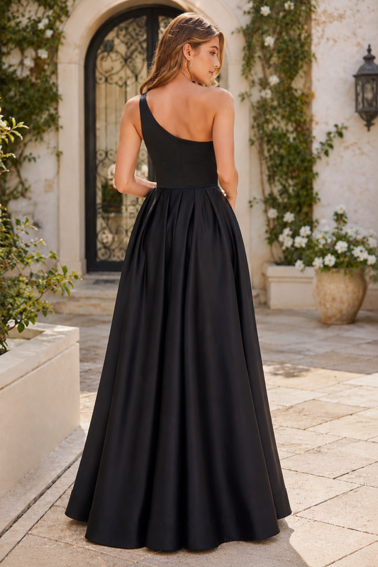 Kaldelle A Line One Shoulder Floor Length Satin Prom Dress- Style - back view