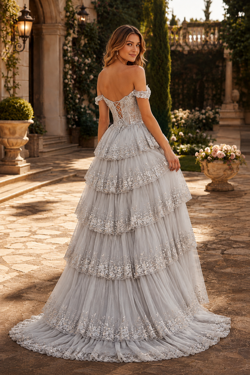 Arabella A Line Off the Shoulder Sweep Train Tulle Prom Dress in Silver - back view