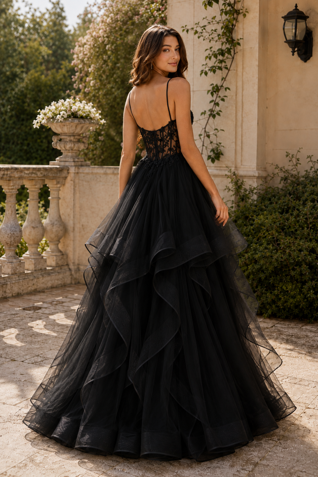 Celine Ball Gown V Neck Sweep Train Tulle Prom Dress in Black - back view