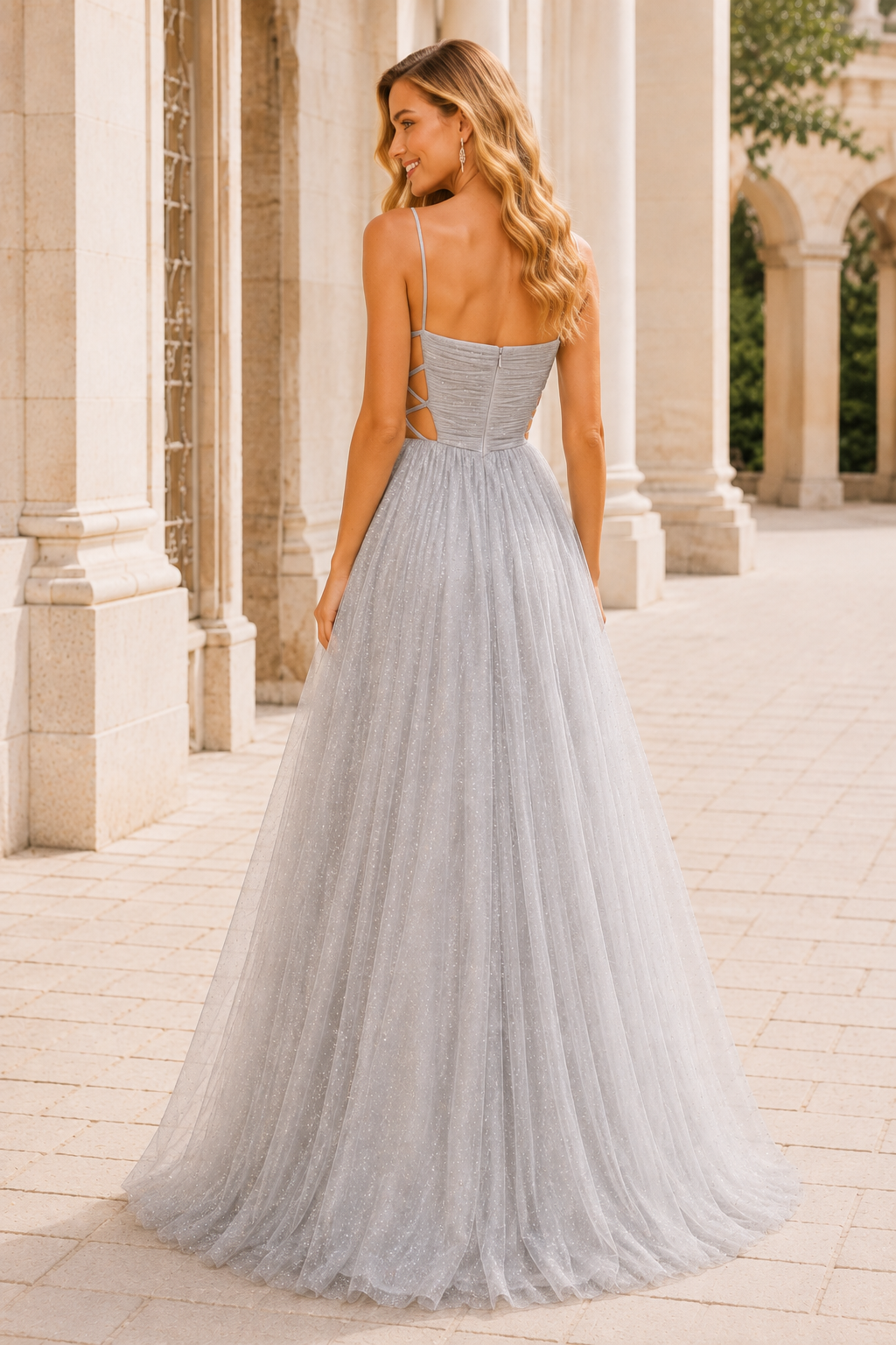 Elovina A Line Square Neckline Sleeveless Sweep Train Tulle Prom Dress- Style in Silver - back view