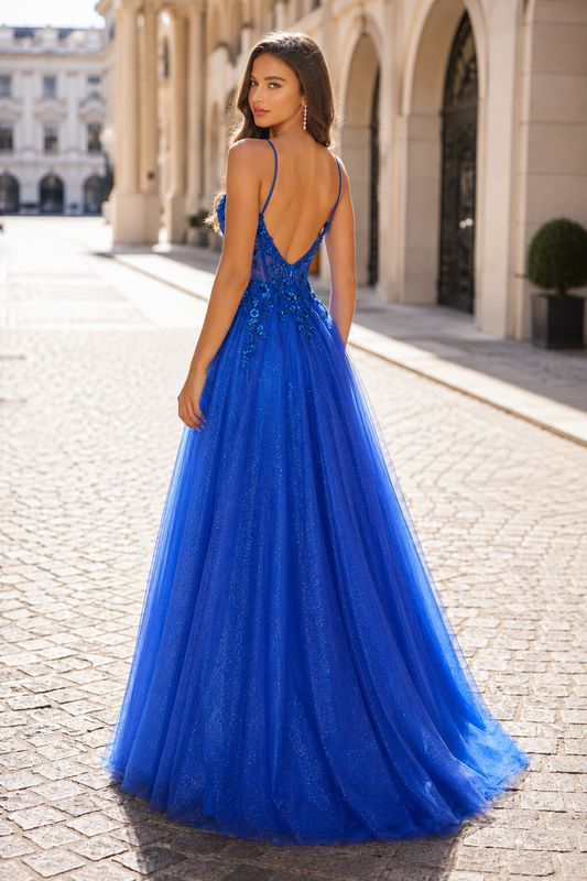 Elovina A Line Square Neckline Sleeveless Sweep Train Tulle Prom Dress- Style - back view