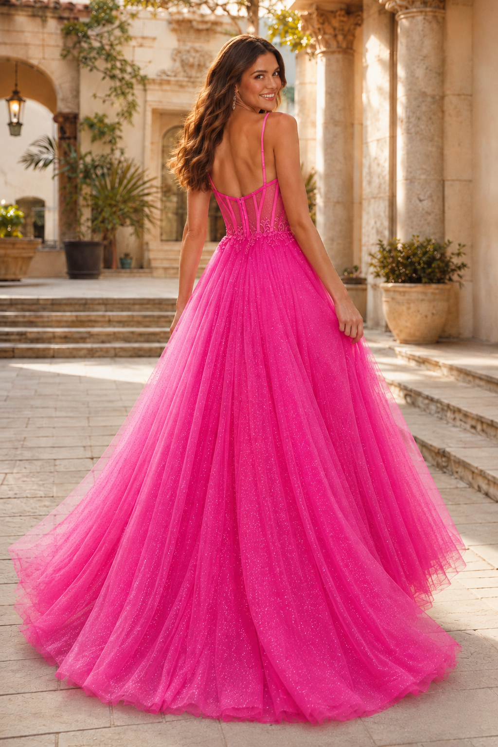 Jorrienne A Line Sweetheart Sleeveless Sweep Train Tulle Prom Dress in Hot Pink - back view
