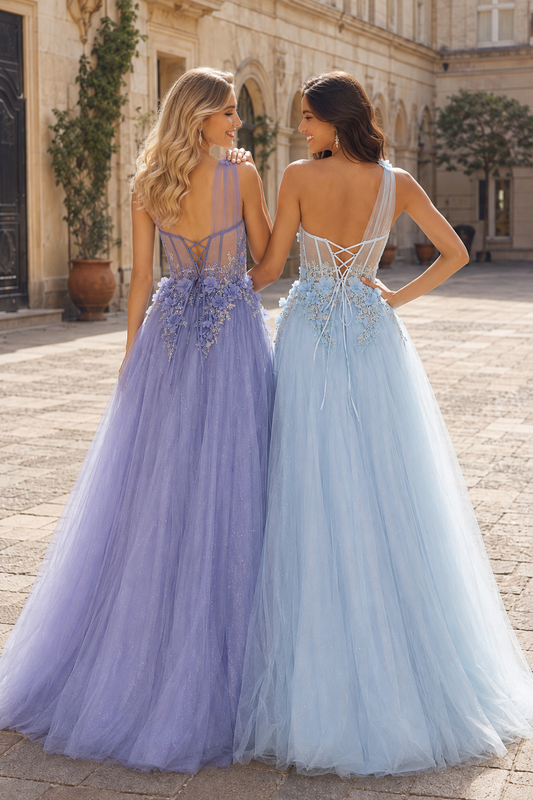 Estlisse A Line One Shoulder Sleeveless Sweep Train Tulle Prom Dress - back view