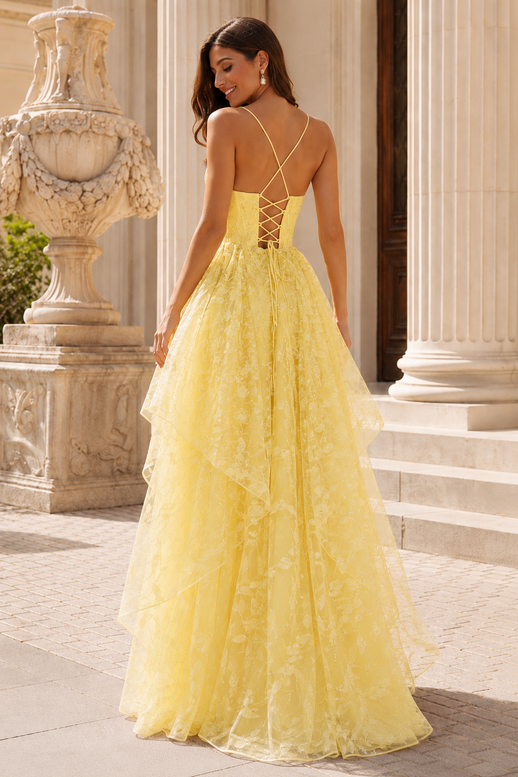 Jorlena Spaghetti-Strap Embellished A-Line Prom Dress in Yellow - back view