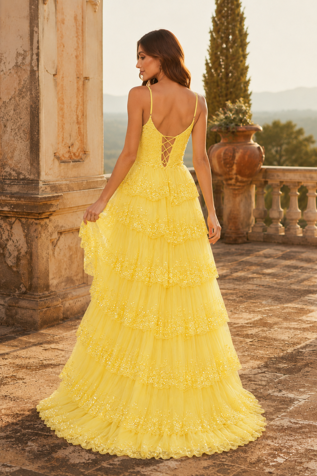Jorvina Spaghetti-Strap Tiered Gown with Slit Prom Dress in Yellow - back view