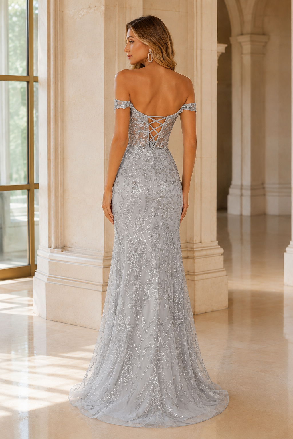 Jorvella Periwinkle Off-the-Shoulder Embellished Gown with Slit Prom Dress in Silver - back view