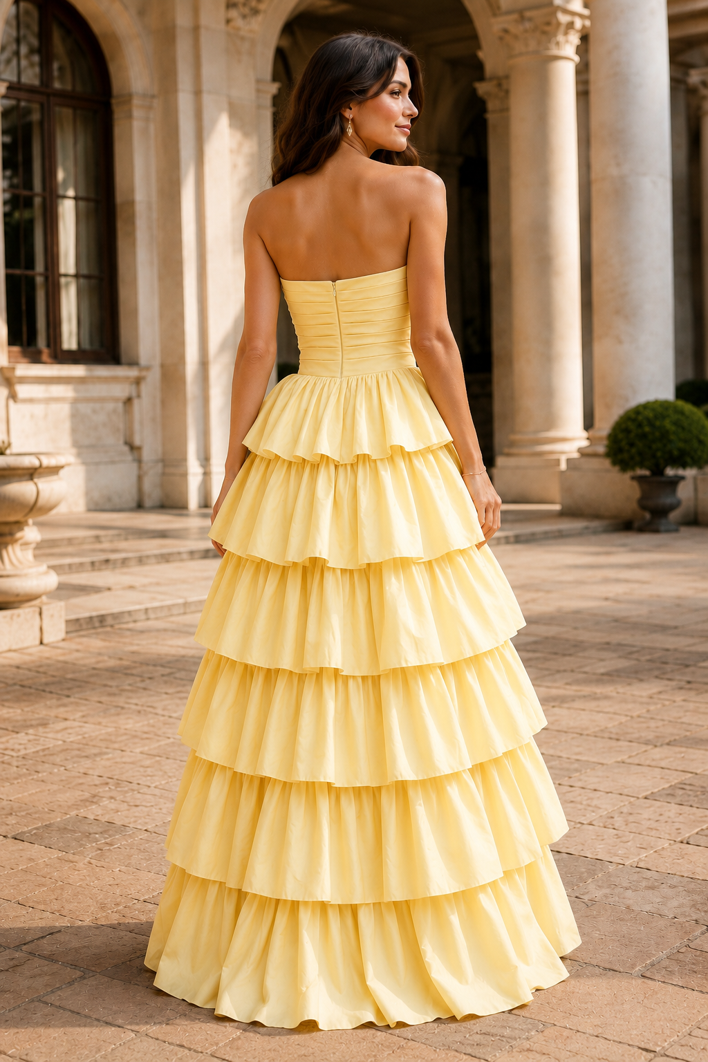 Helthia Strapless Tiered Ruffle Gown with Slit Prom Dress in Yellow - back view