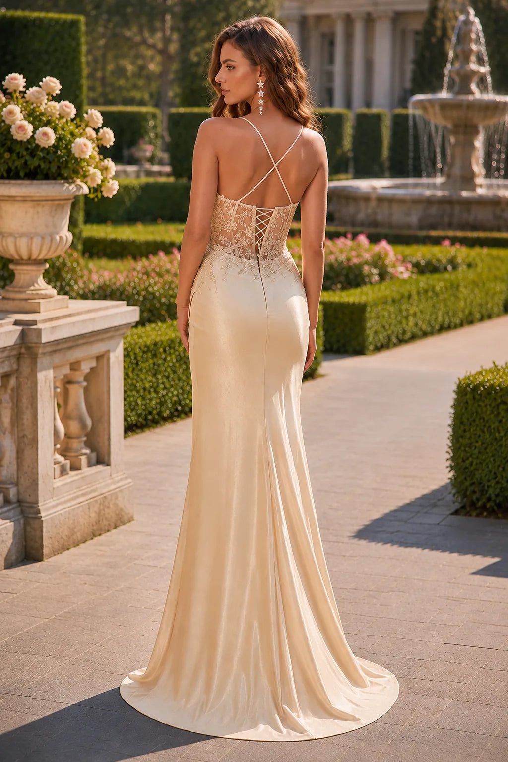 Champagne embellished-bodice prom gown with a slit, back view