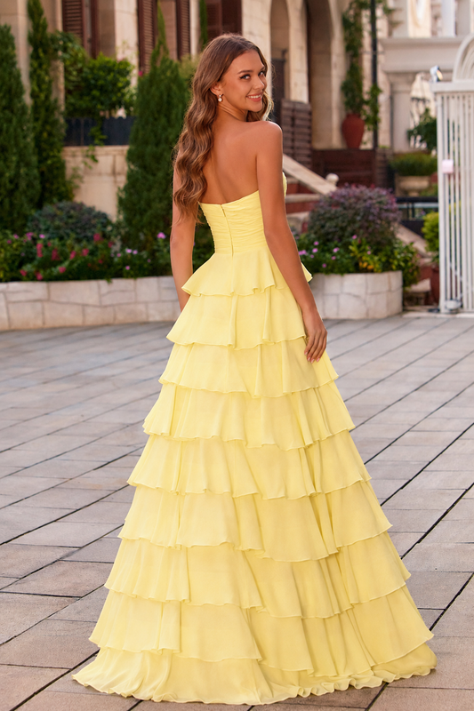 Elomara Sweetheart Tiered A-Line Prom Dress in Yellow - back view