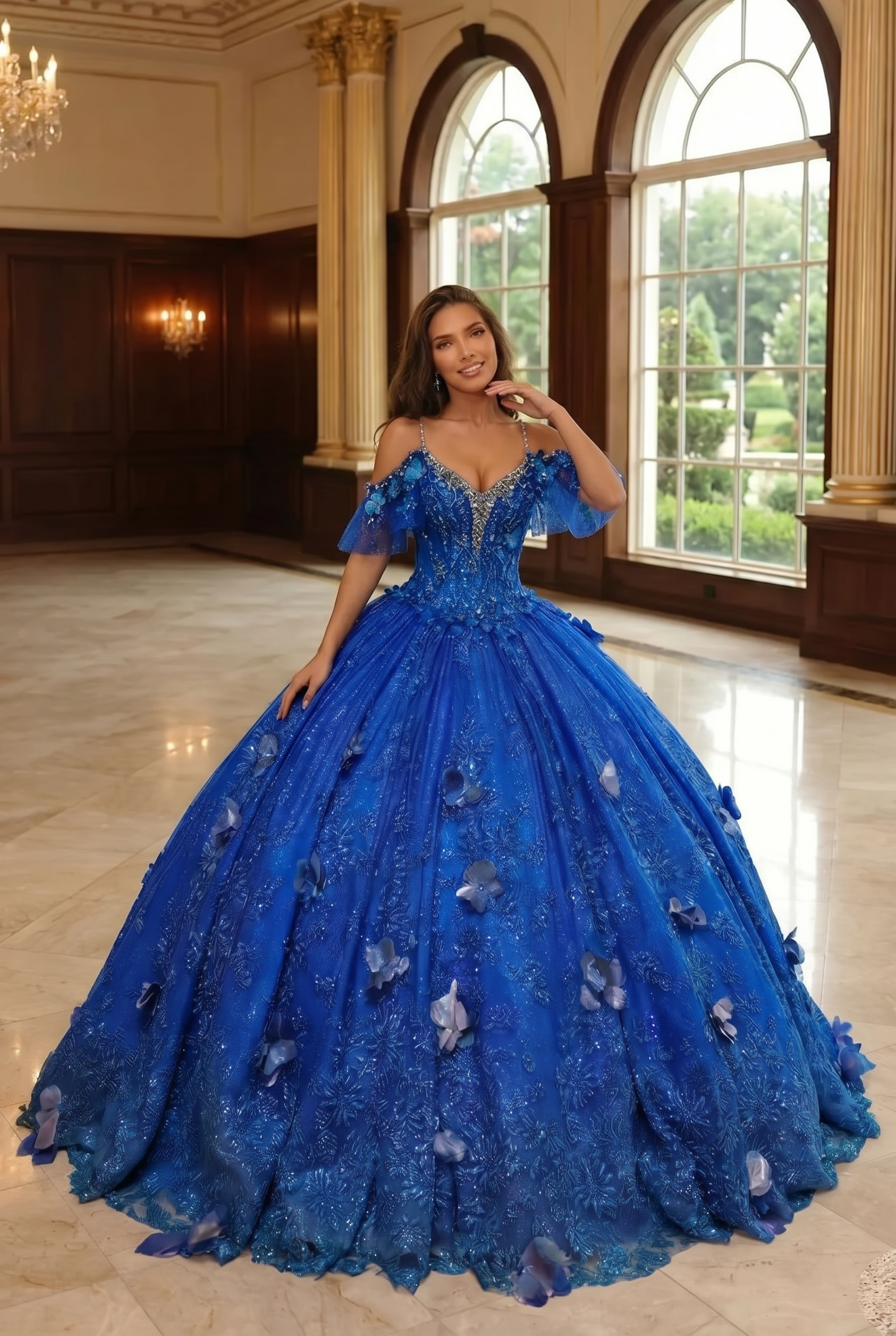 Charming Ball Gown V Neck Quinceañera Dress With  3D Butterfly and Embroidery | Promspark