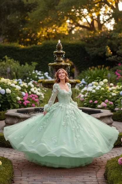 Charming Ball Gown Long Sleeve Quinceañera Dress With Floral Lace | Promspark